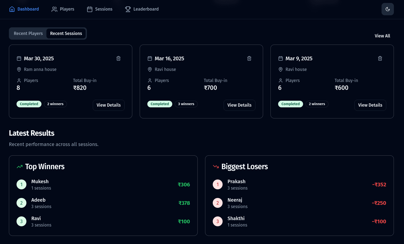 Dashboard for tracking poker games